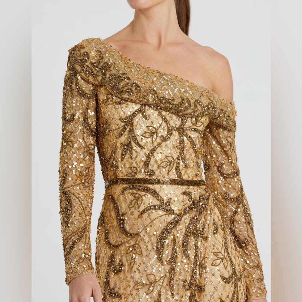 Mac Duggal Gold One Shoulder Dress - Picture 3 of 16